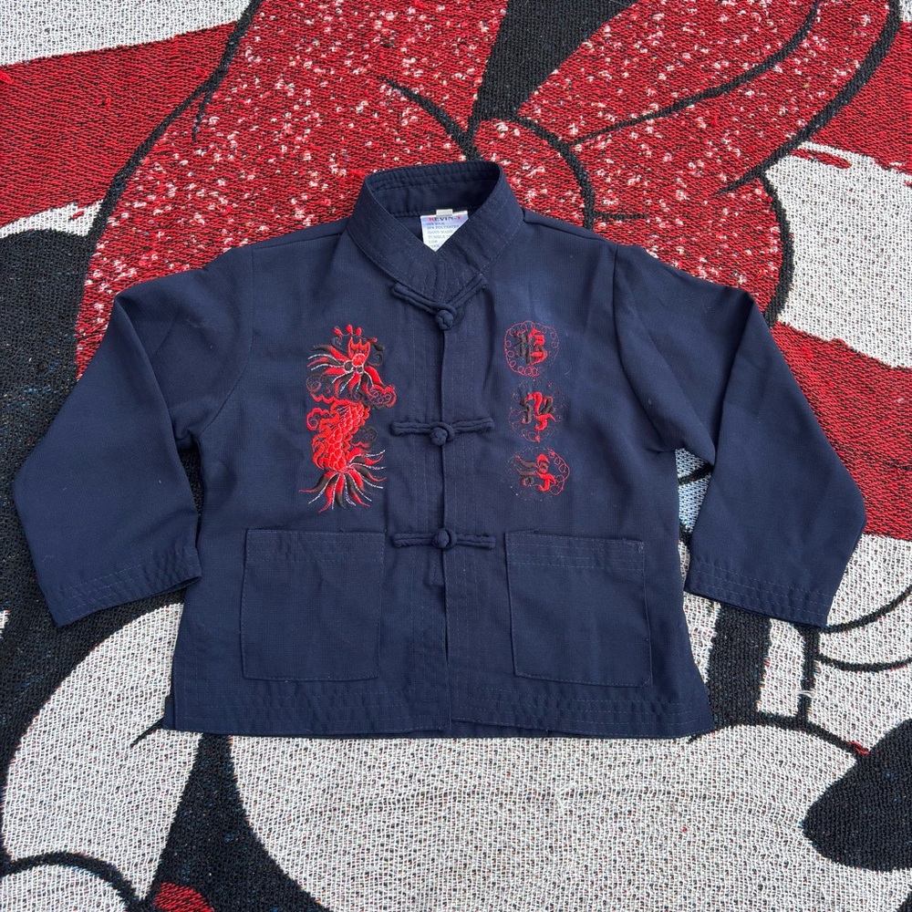 VINTAGE BLUE RED EMBROIDERED DRAGON ASIAN SHORT SLEEVE TOP SIZE 12 MONTHS